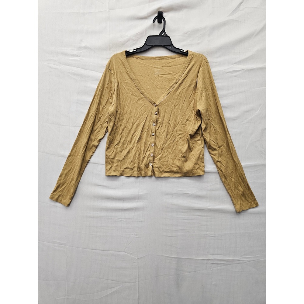 A New Day Womens Cropped Ribbed V-Neck Cardigan Tan Cotton Blend Size XL